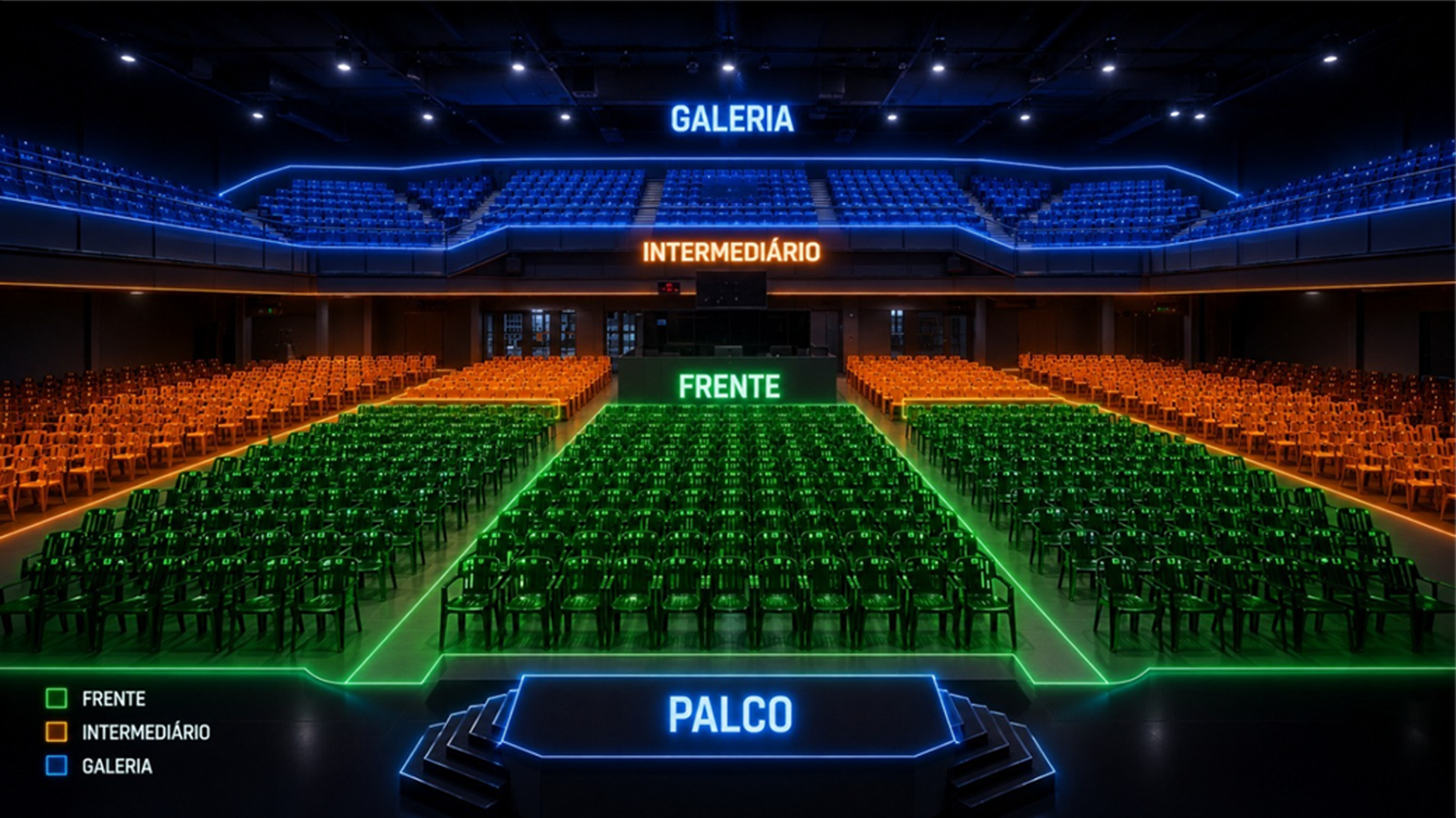Mapa de setores da arena: Frente (verde), Intermediário (laranja) e Galeria (azul), com o palco à frente.